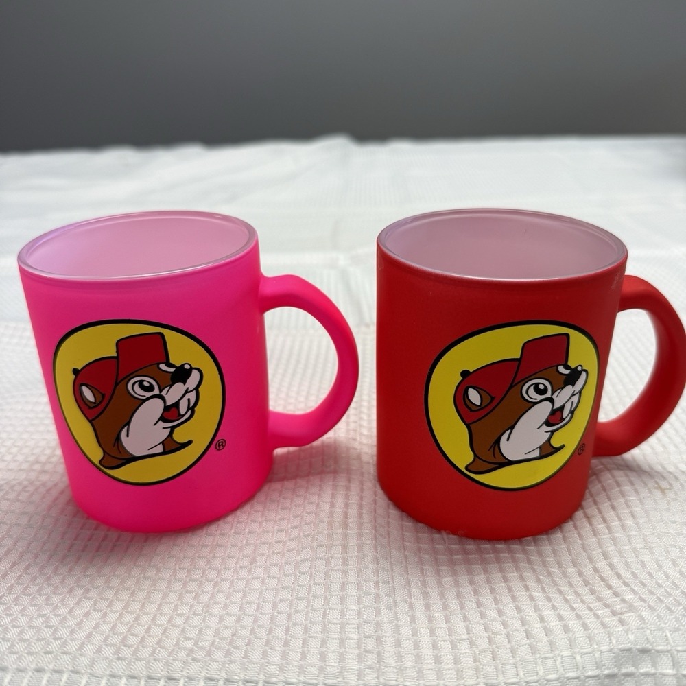 Buc-ees Beaver Hot Pink Red Frosted Coffee Mug Tea Cup Glass Bucees Retired